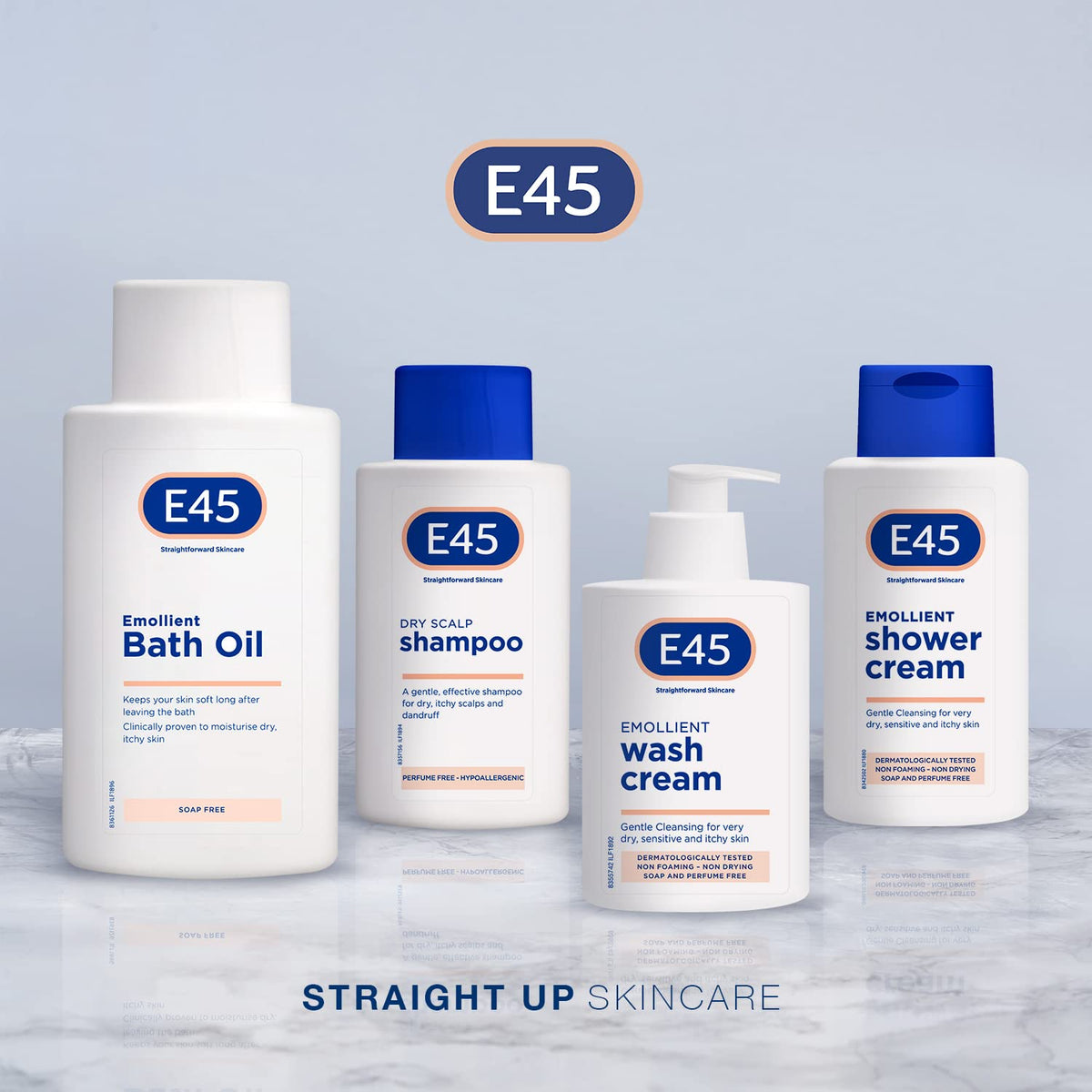 E45 bottle on bathroom shelf suggesting daily gentle care