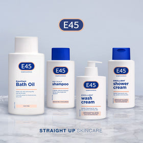 E45 bottle on bathroom shelf suggesting daily gentle care