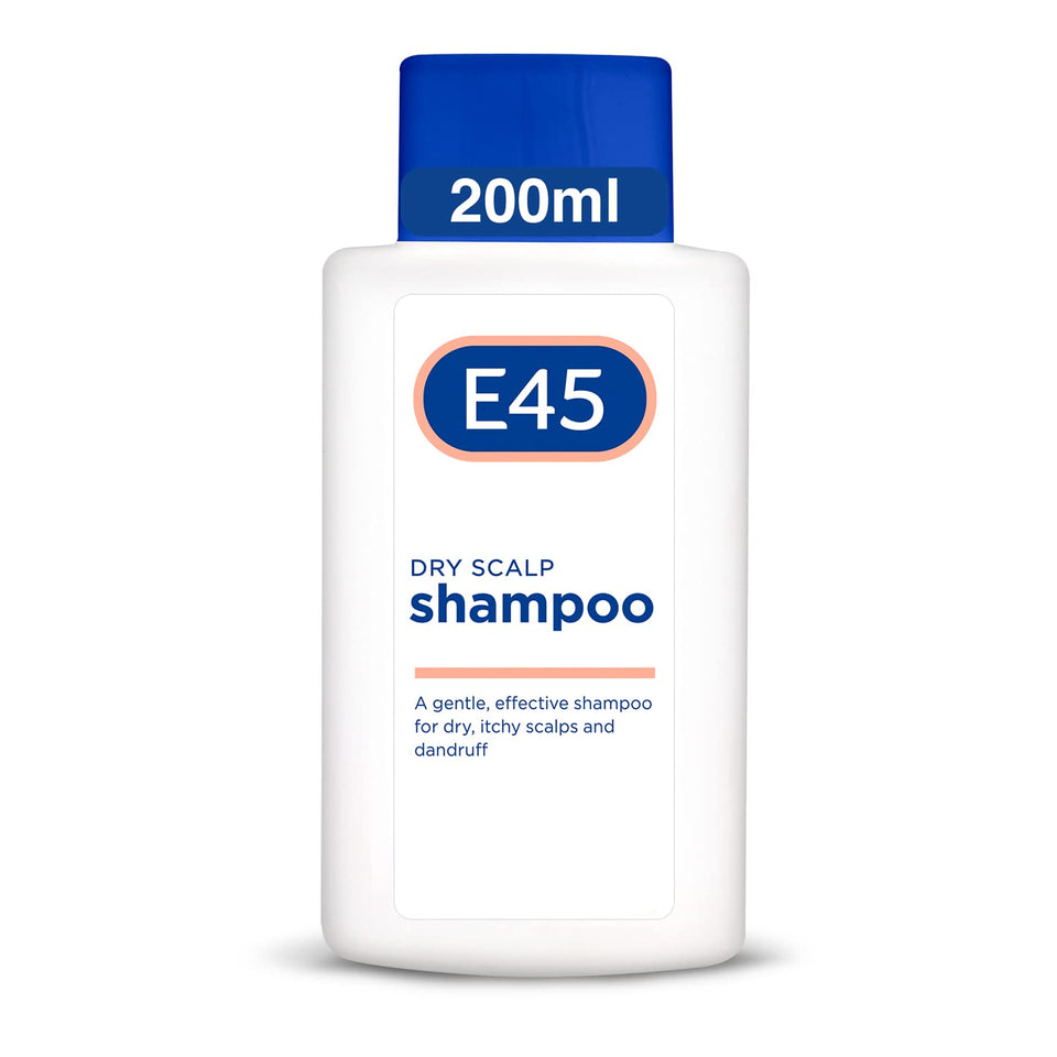 E45 front packaging showing dry scalp shampoo and benefits