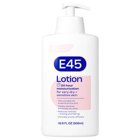 E45 pump bottle front view showing clear branding and convenient dispenser