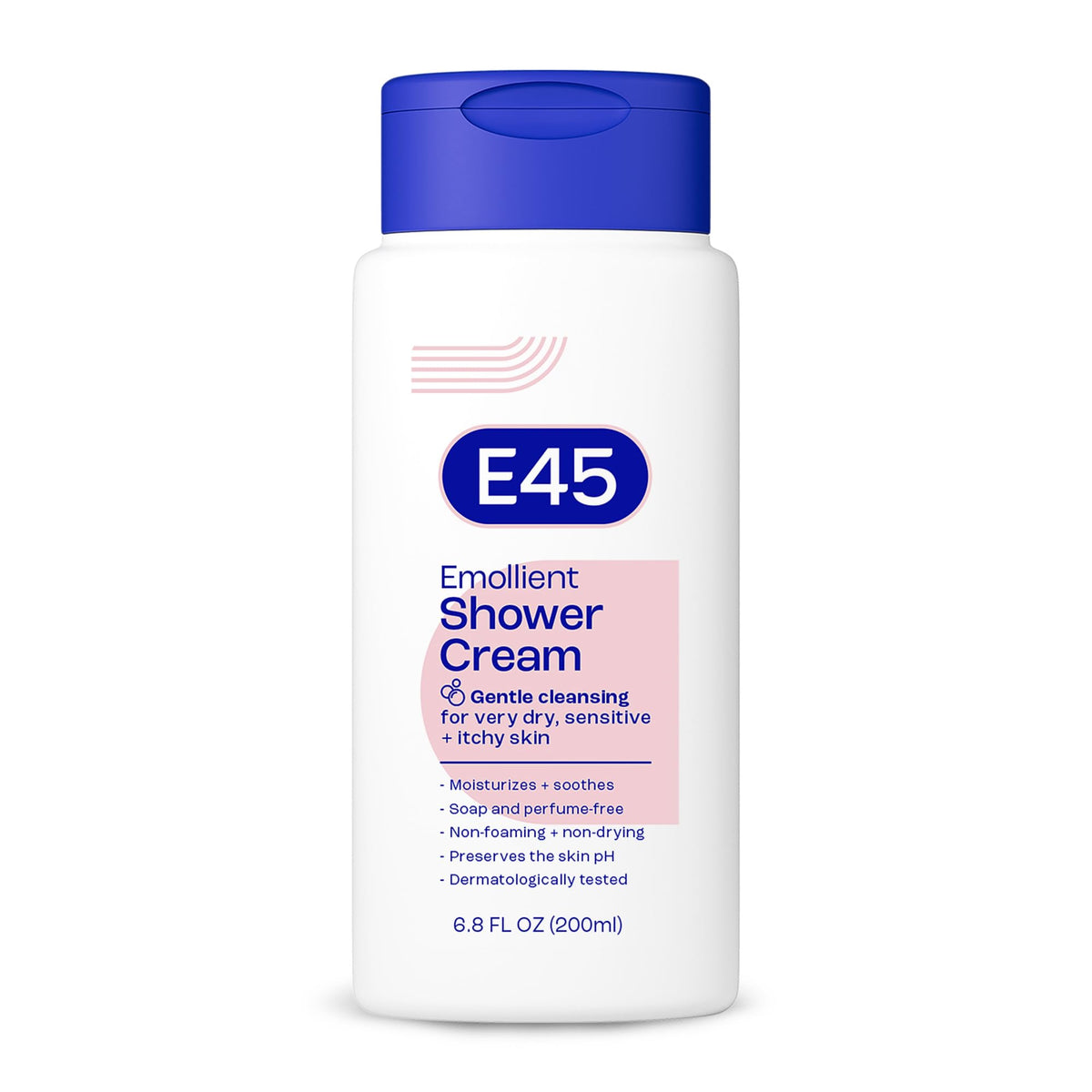 E45 shower cream front packaging showing tube and clear label, gentle cleansing benefit