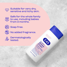 E45 shower cream on bathroom shelf near towel showing family-friendly daily use