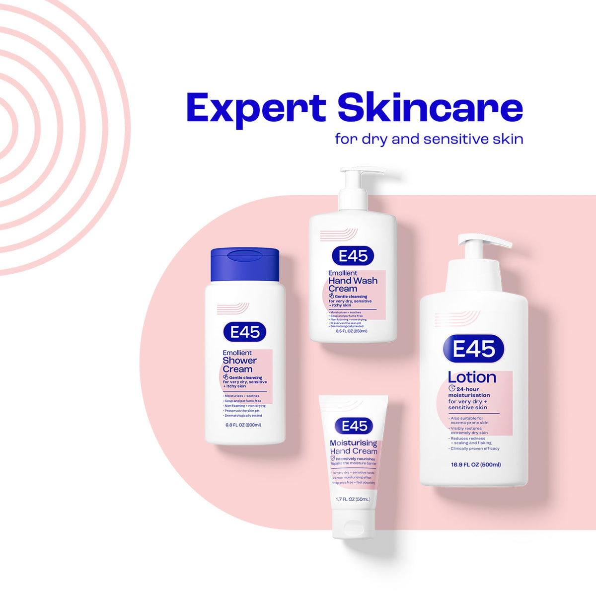 E45 ingredients label detail highlighting fragrance-free formulation and safety