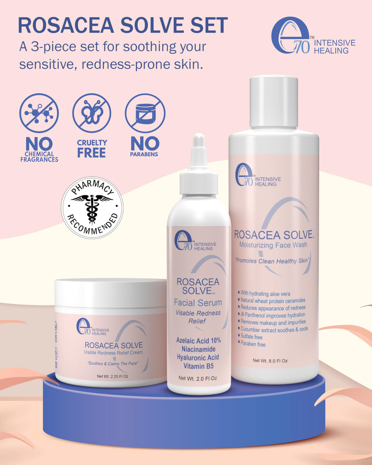 e70 face wash pump close-up showing gentle cleanser and calming benefit