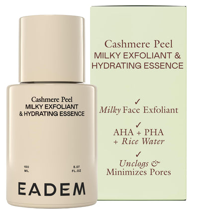 EADEM front bottle view showing Cashmere Peel packaging and branding benefits