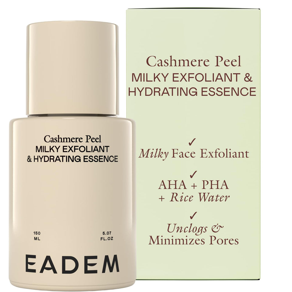 EADEM front bottle view showing Cashmere Peel packaging and branding benefits