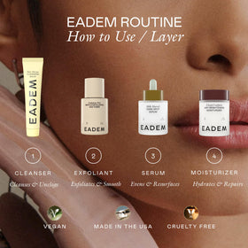 EADEM bottle on bathroom counter, lifestyle scene for daily routine benefit