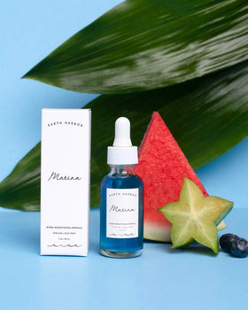 Earth Harbor MARINA spirulina and blue tansy ingredients visual, calming brightening benefit