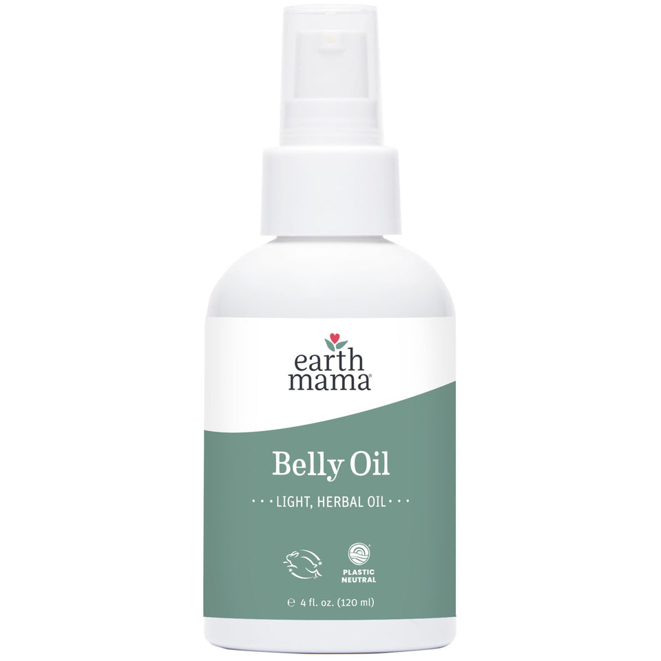 Earth Mama belly oil front bottle shows lightweight moisturizer benefit
