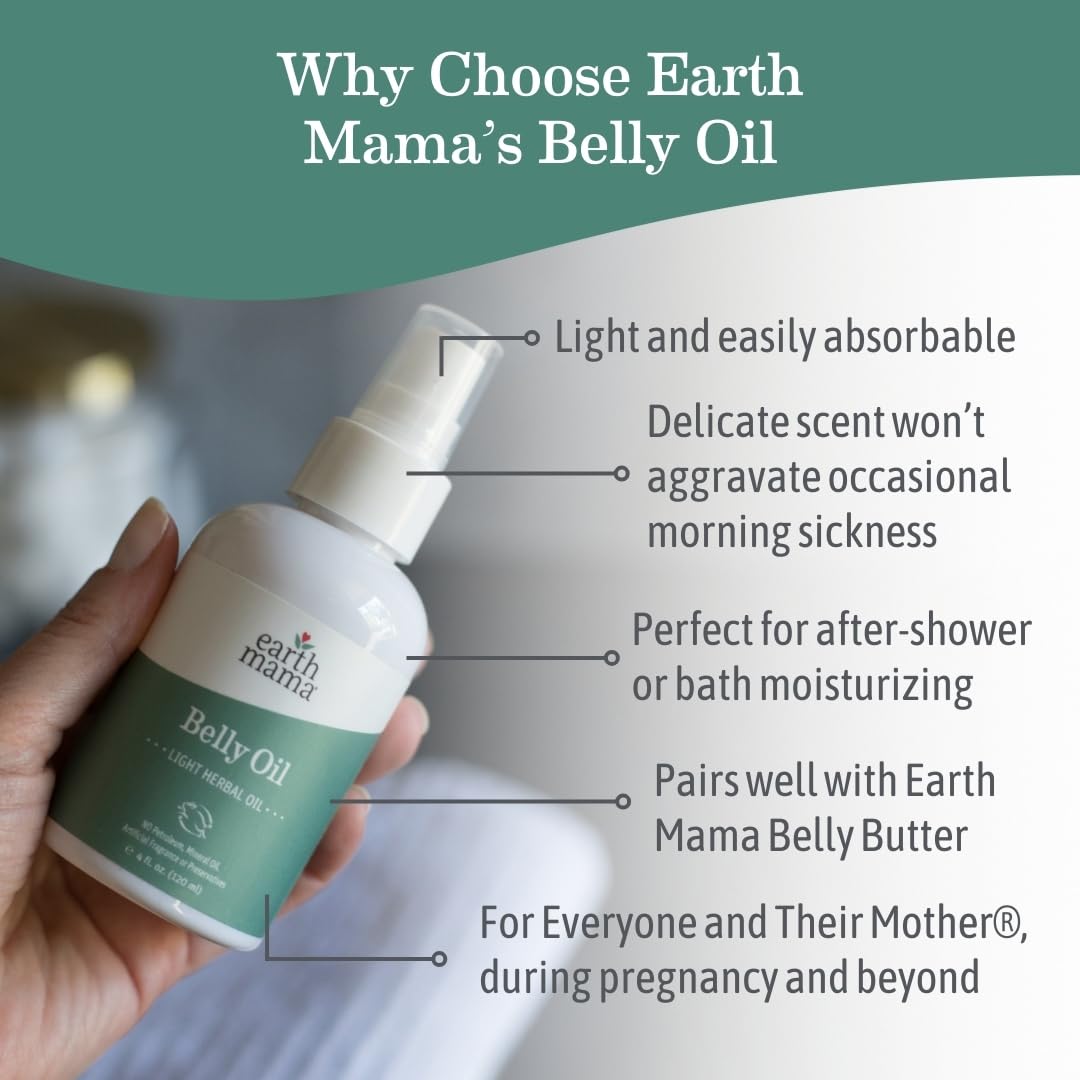 Earth Mama belly oil pump detail highlights easy dispensing benefit
