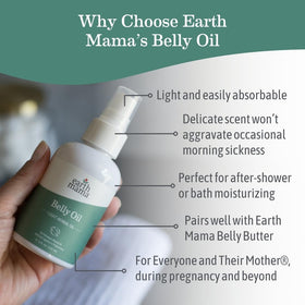 Earth Mama belly oil pump detail highlights easy dispensing benefit
