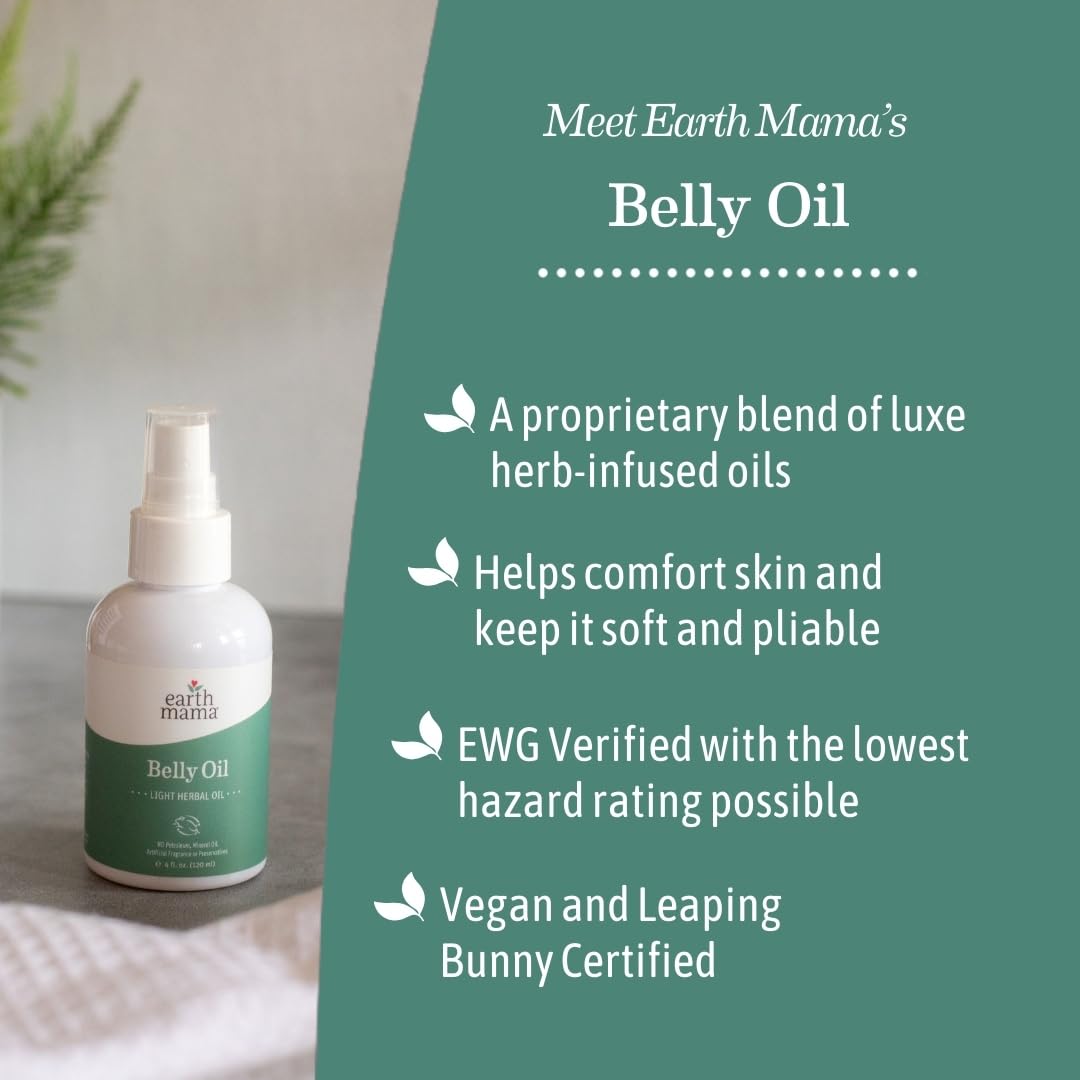 Earth Mama belly oil applied after shower illustrating hydrated skin benefit