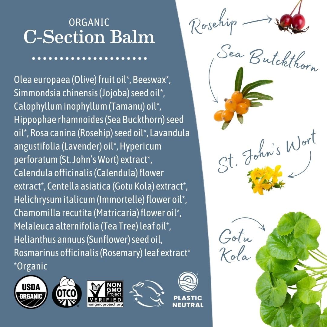 Earth Mama balm applied to healed c-section scar demonstrating gentle massage benefit