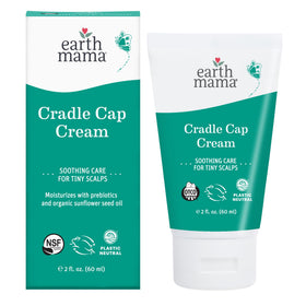 Earth Mama cradle cap cream front tube showing label and compact 2 oz size benefit