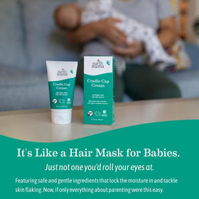 Earth Mama cream in a baby bath routine scene illustrating calming, simple cradle cap care