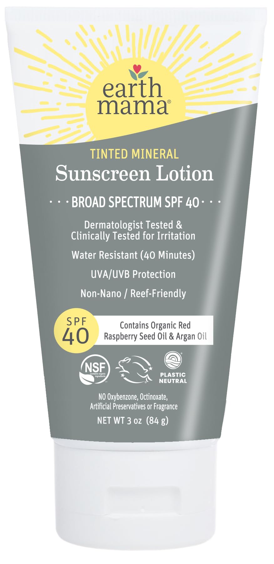 Earth Mama front packaging showing SPF 40 and tinted mineral sunscreen benefit