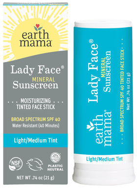 Earth Mama front view of tinted mineral sunscreen stick showing compact design and easy application