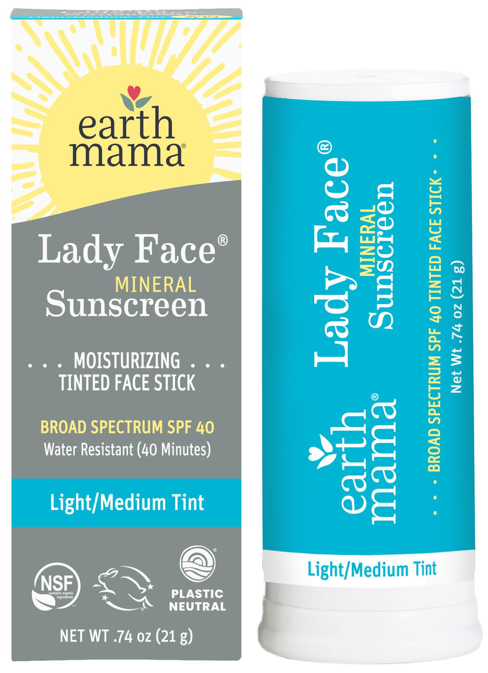 Earth Mama front view of tinted mineral sunscreen stick showing compact design and easy application