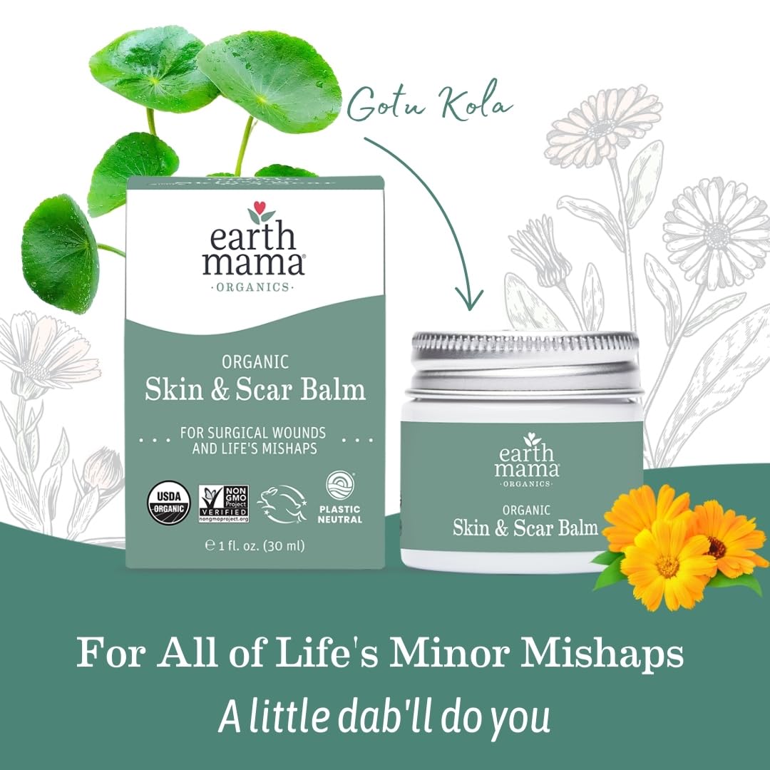 Flatlay of herbs and oils used in Earth Mama balm showing natural ingredients and transparency