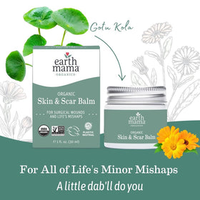 Flatlay of herbs and oils used in Earth Mama balm showing natural ingredients and transparency