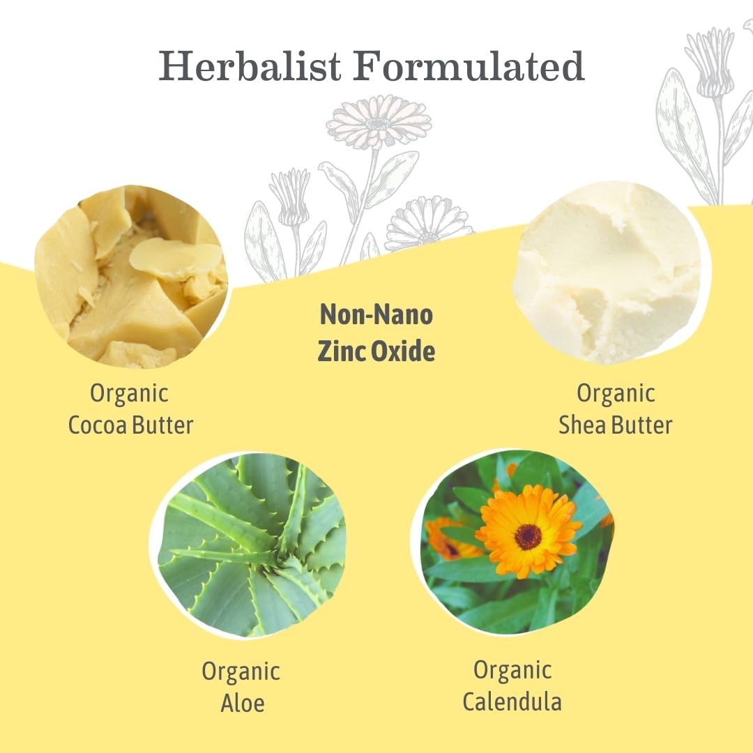 Earth Mama product label and ingredient list highlighting non-nano zinc and organic butters