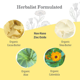 Earth Mama product label and ingredient list highlighting non-nano zinc and organic butters