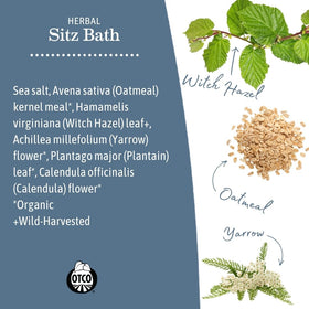 Flat lay of Earth Mama ingredients including calendula, witch hazel, and oatmeal