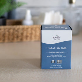 Relaxing bathroom scene with Earth Mama sitz bath sachet for postpartum self-care