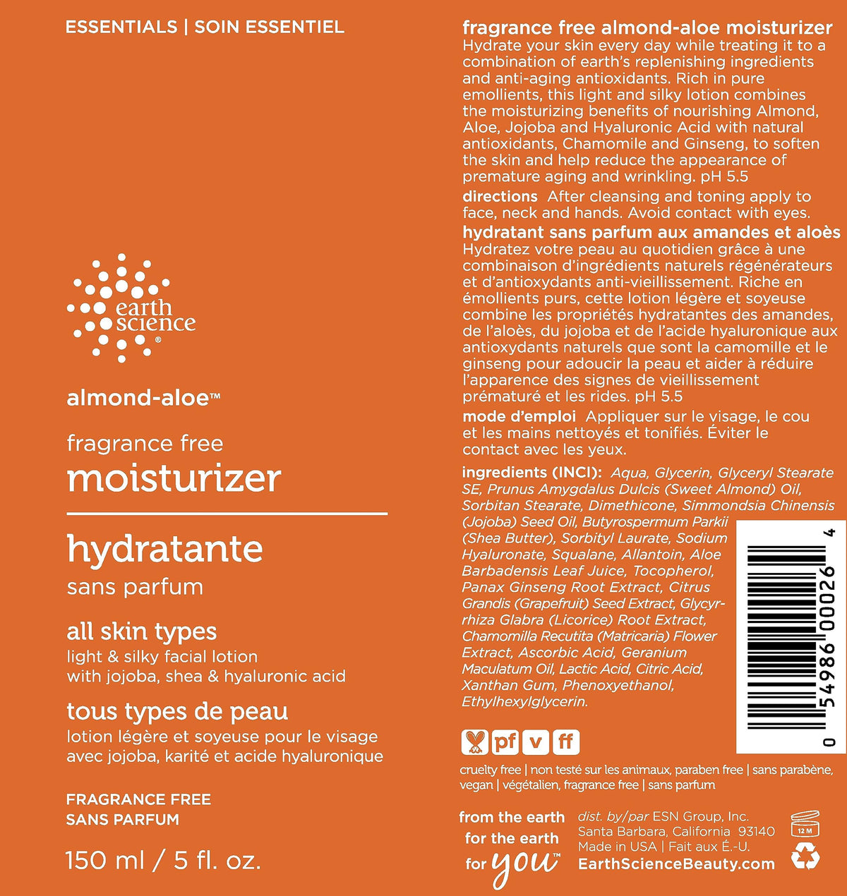 Earth Science moisturizer texture closeup on fingertip, lightweight absorption and smooth finish