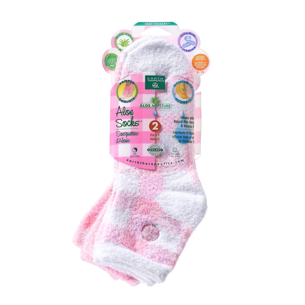Earth Therapeutics pink plaid aloe socks front view showing two pairs for moisturizing comfort