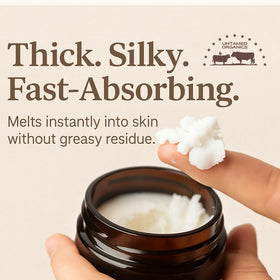 Earthborn Organics jar open with melted balm demonstrating easy-spread benefit