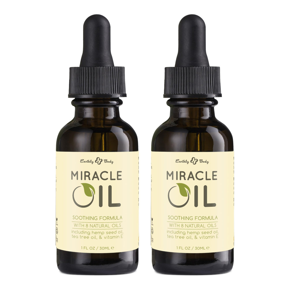 Earthly Body front packaging showing two 1 fl. oz. bottles and label benefits