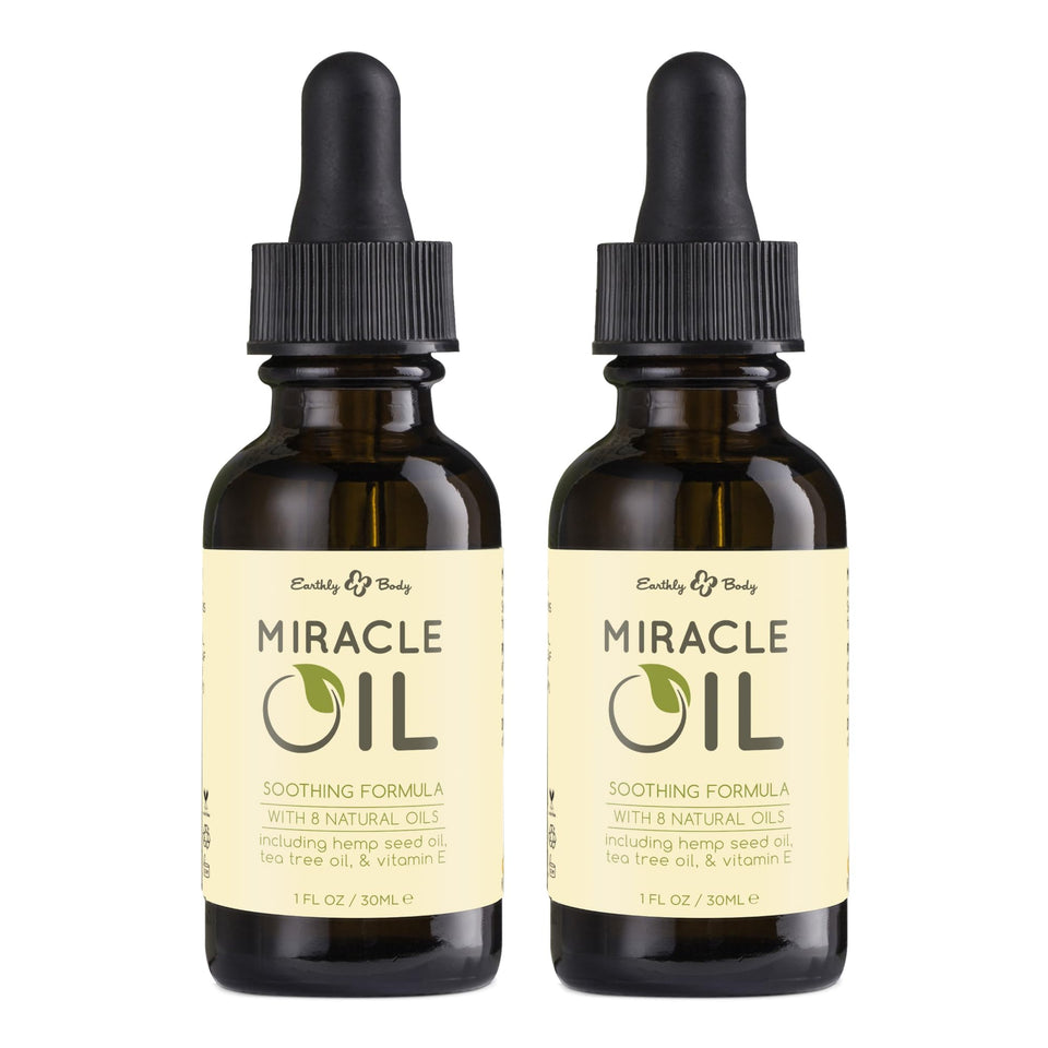 Earthly Body front packaging showing two 1 fl. oz. bottles and label benefits