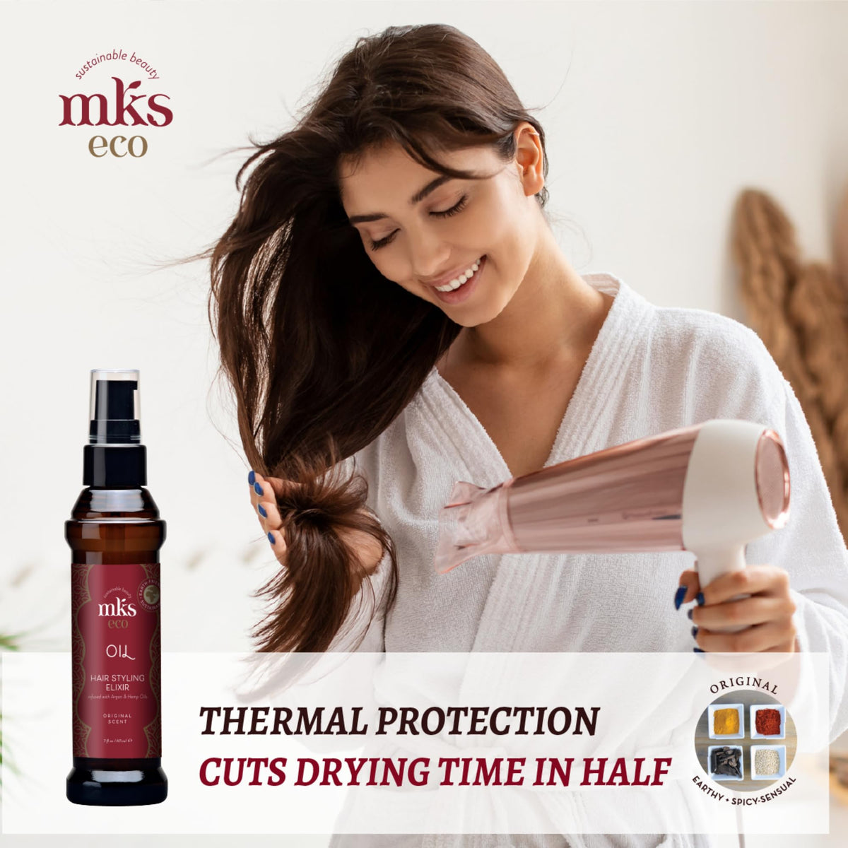 Earthly Body MKS eco Oil with argan and hemp seeds highlighting natural ingredient benefits