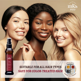 Earthly Body MKS eco Oil on a bathroom shelf styled for everyday grooming and quick use