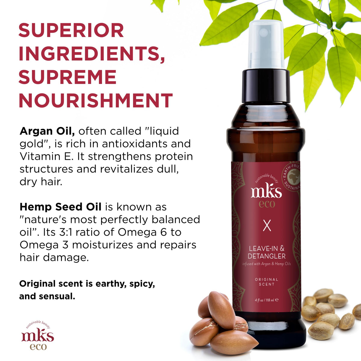 Earthly Body MKS eco X ingredients shot with argan oil and hemp seed, showing nourishing benefits