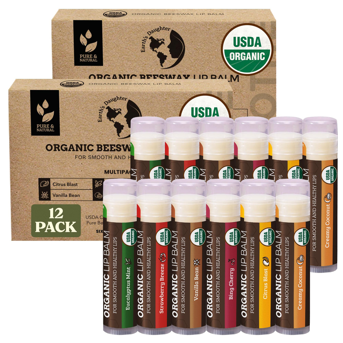 Earth's Daughter front packaging 12-pack showing flavor variety and organic seal