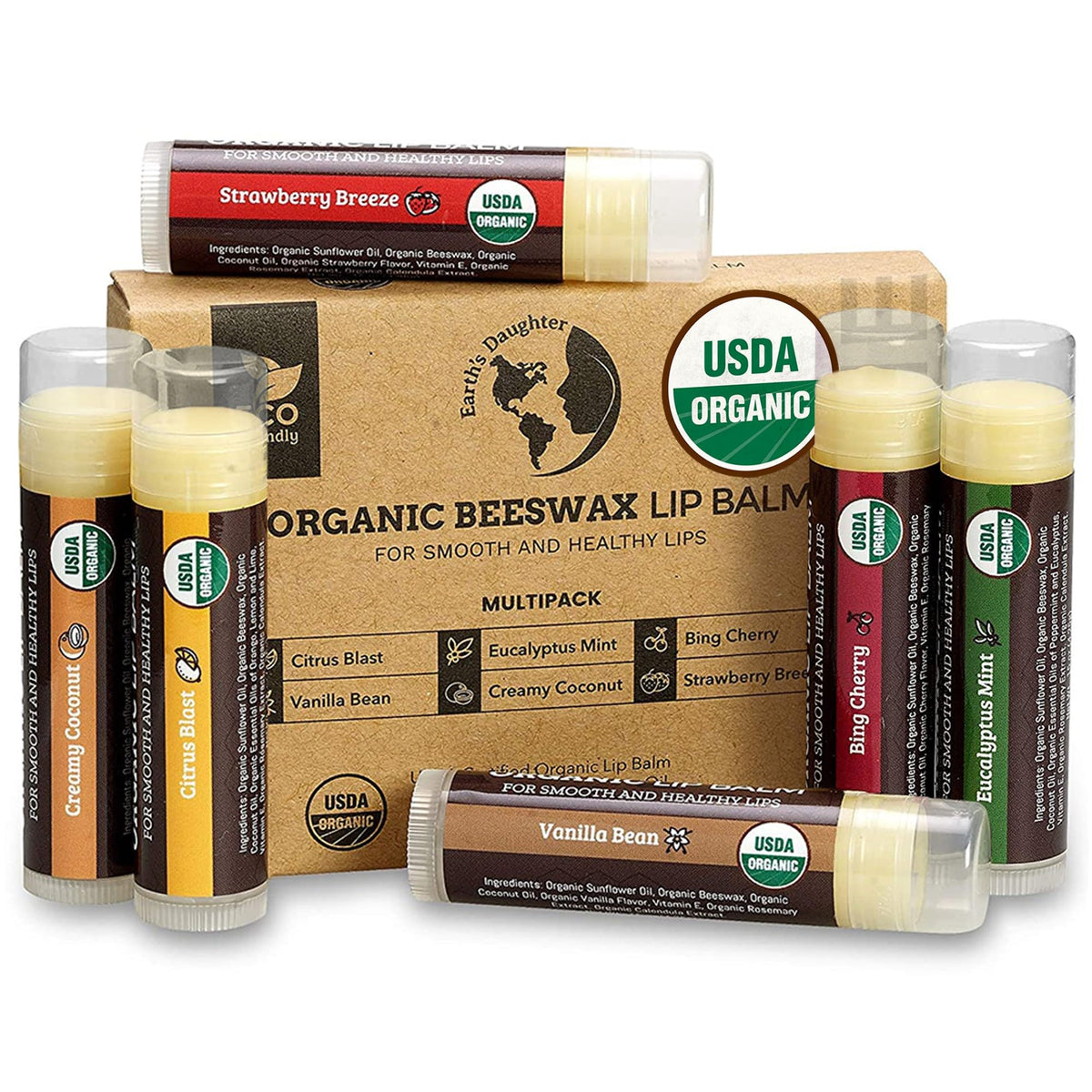 Earth's Daughter front packaging showing six organic lip balms and travel convenience