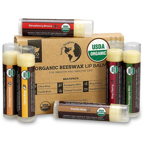 Earth's Daughter front packaging showing six organic lip balms and travel convenience