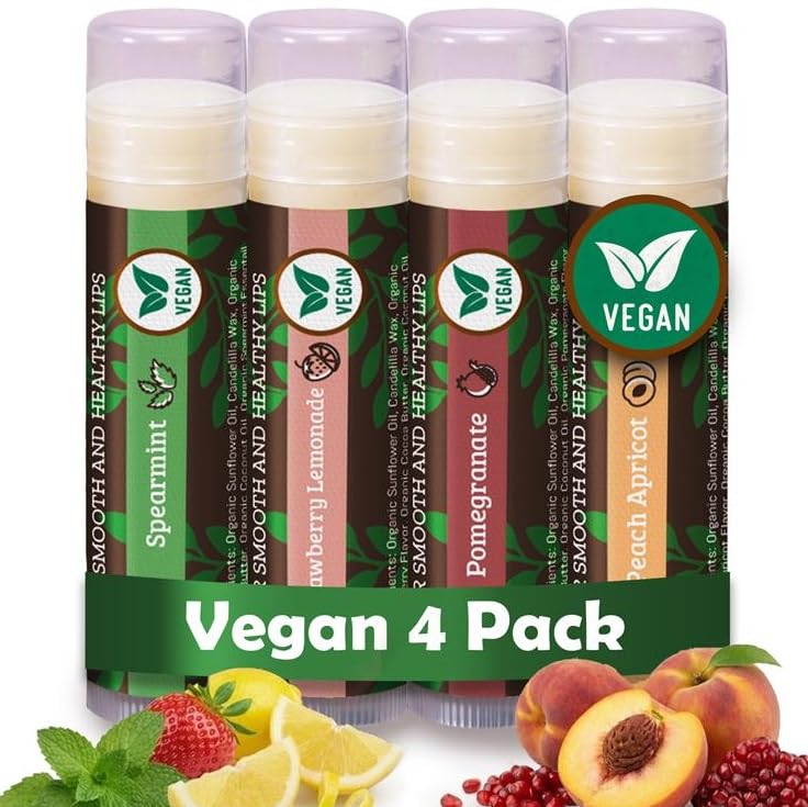 Earth's Daughter front packaging showing four vegan lip balm tubes and flavor labels for easy selection