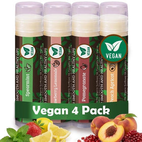 Earth's Daughter front packaging showing four vegan lip balm tubes and flavor labels for easy selection