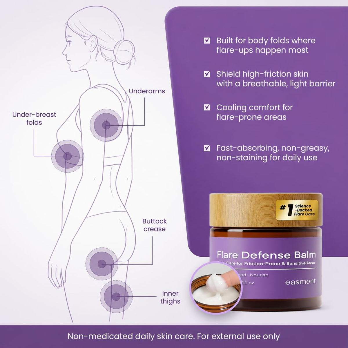Easment inner thigh usage lifestyle shot showing discreet daily protection
