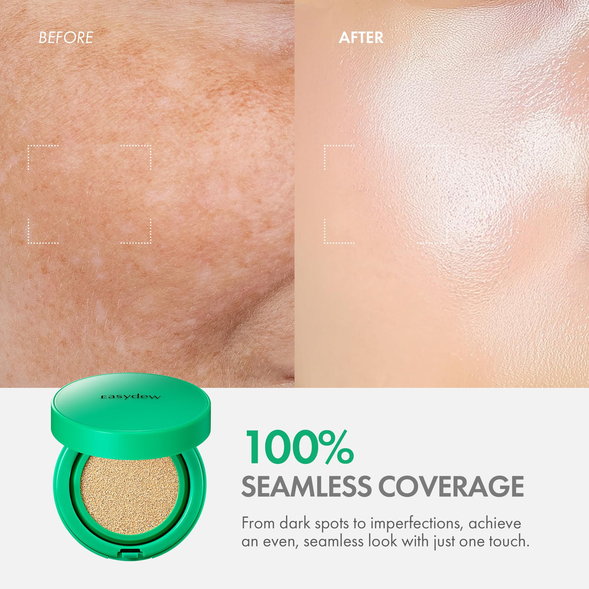 EASYDEW texture swatch of ampoule cushion showing dewy, blendable consistency