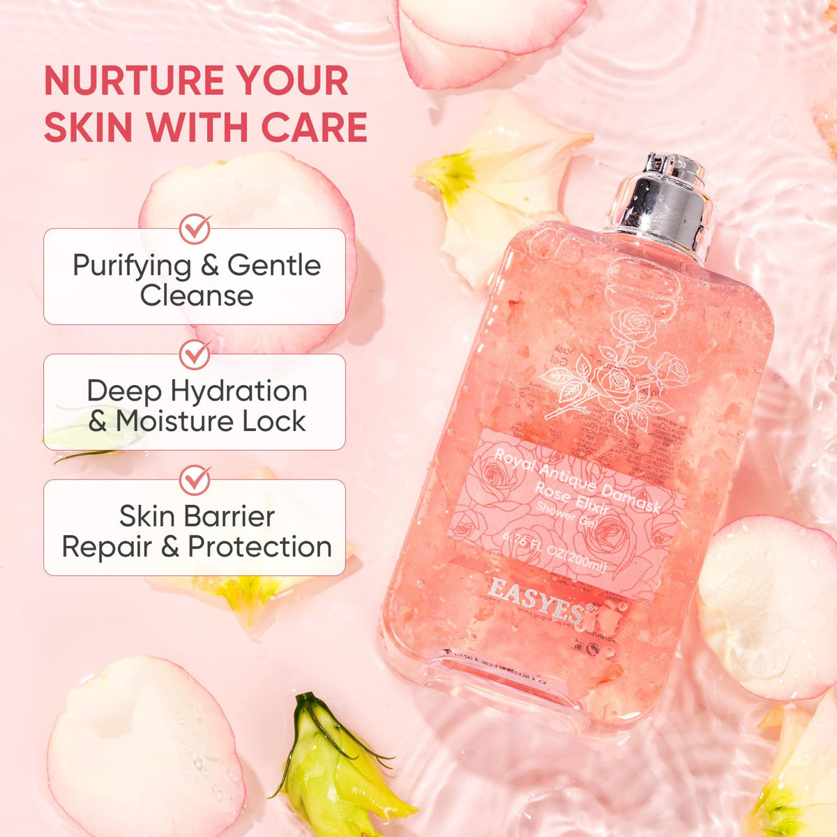 Easyes close-up of real rose petals suspended in gel, highlights natural luxury