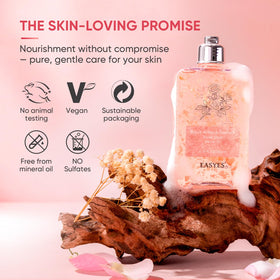 Easyes in a shower setting with rose decor, creates spa-like daily ritual