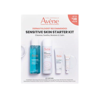 Eau Thermale Avène starter kit front view showing all four products and benefits