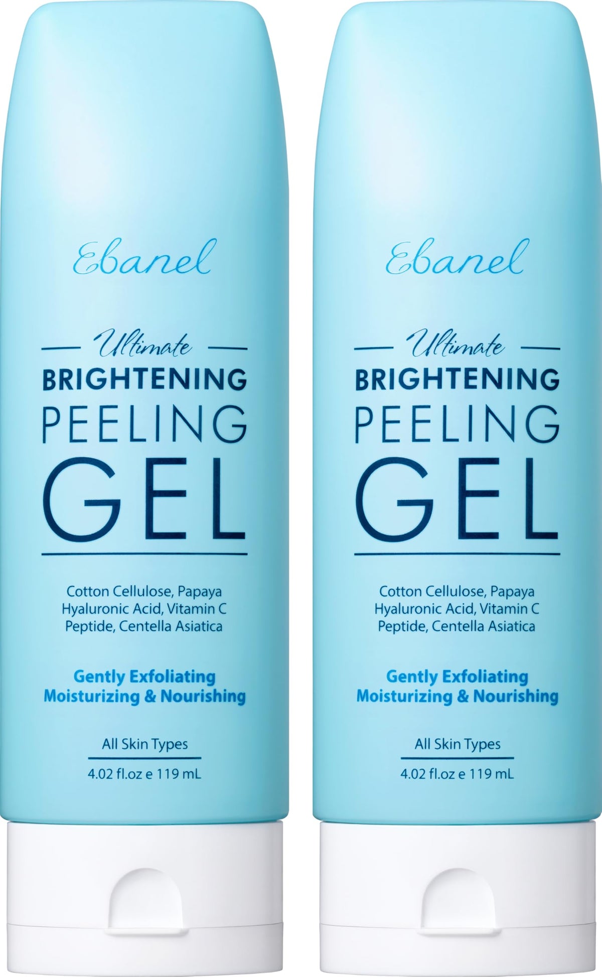 Ebanel front packaging shows two brightening peeling gel tubs and benefits