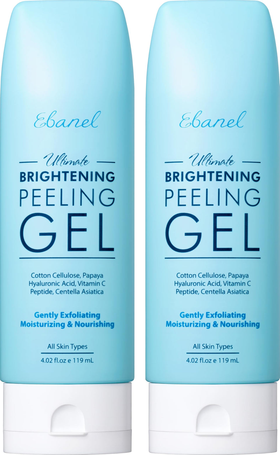 Ebanel front packaging shows two brightening peeling gel tubs and benefits