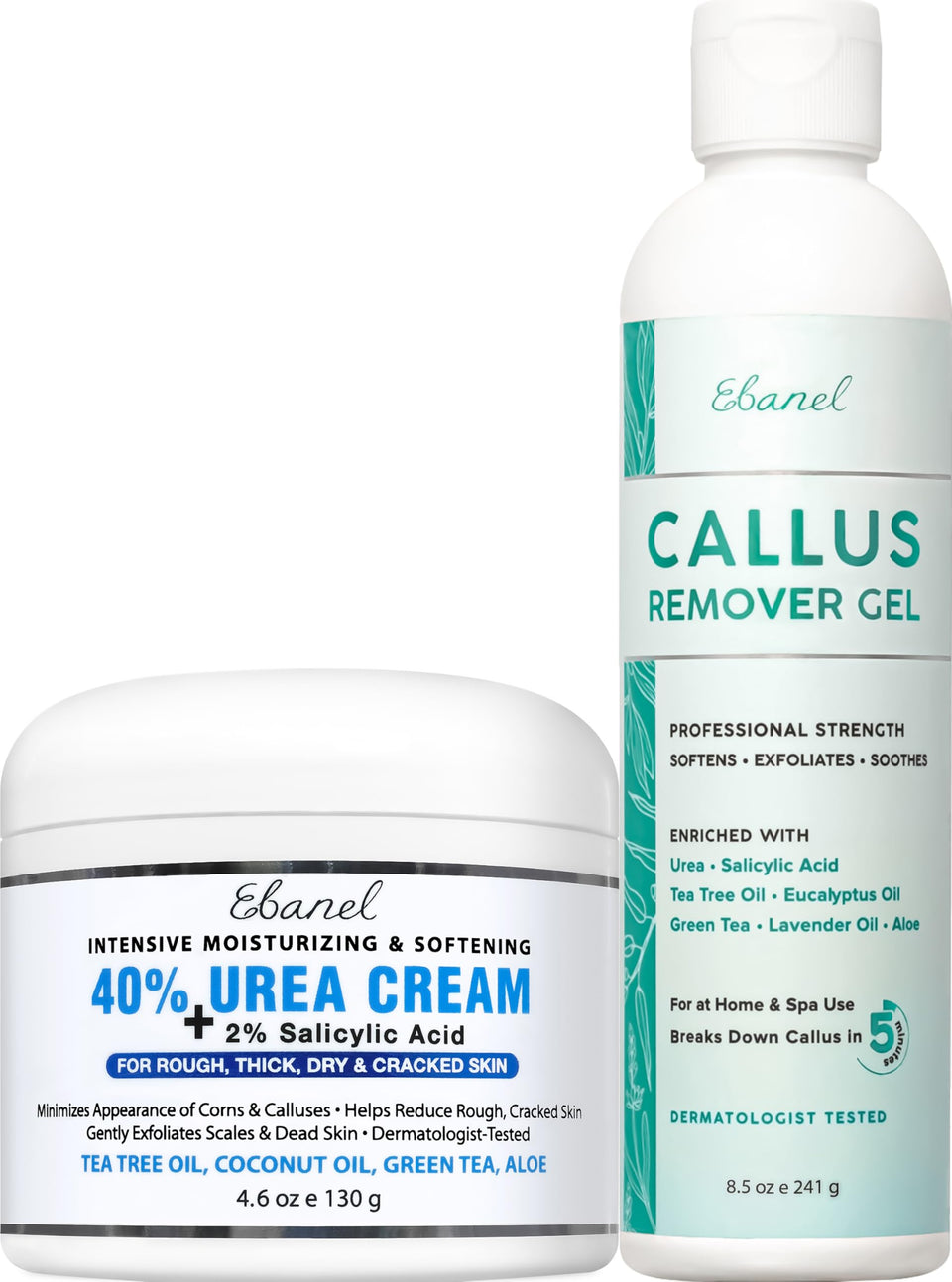 Ebanel front packaging of callus remover set showing both products and benefits