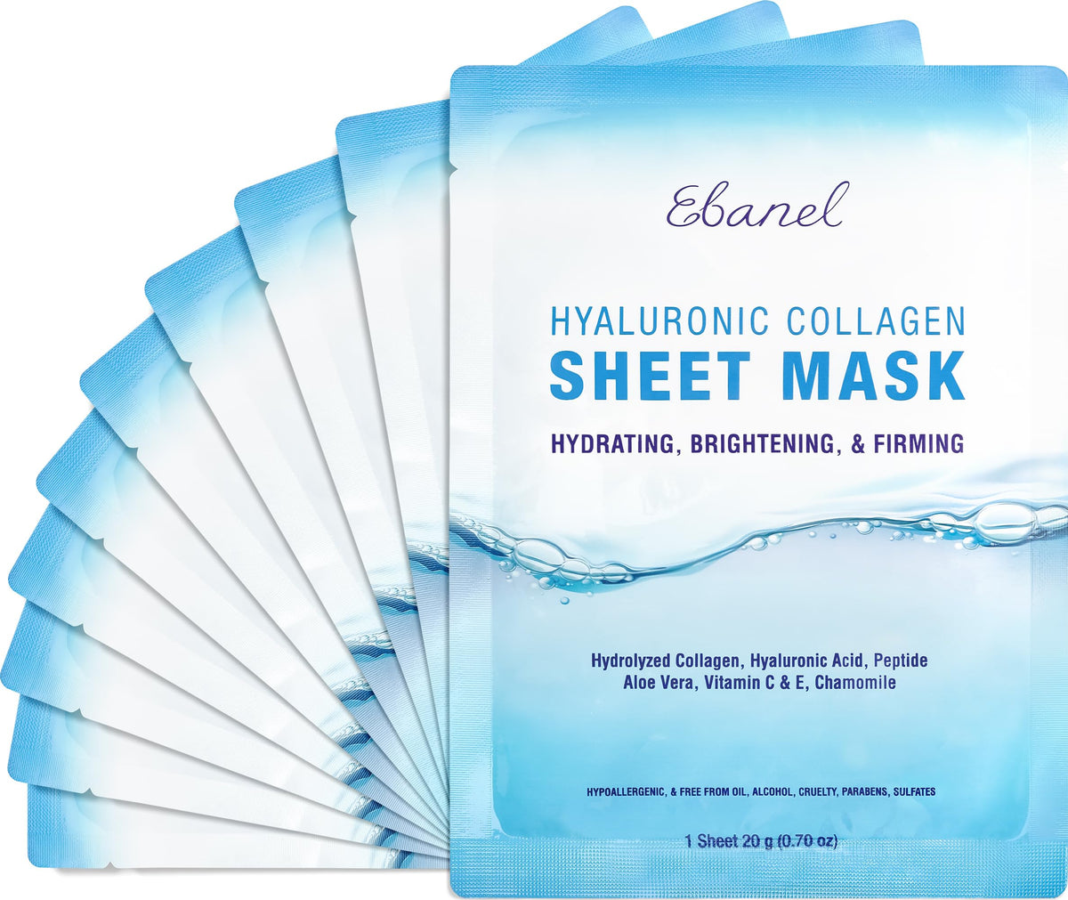 Ebanel front packaging showing ten collagen masks and benefits